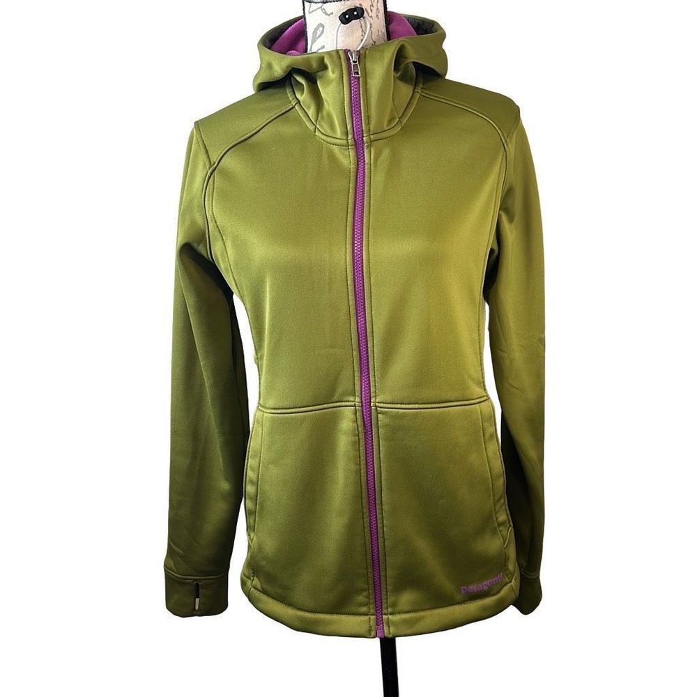 Patagonia olive green fleece lined, full, zip, hooded Jacket sweatshirt, women’s